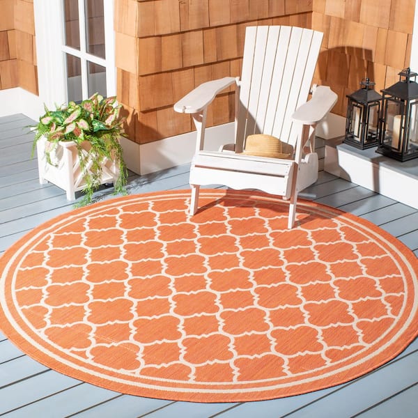 Courtyard Terracotta/Bone 4 ft. x 4 ft. Round Geometric Indoor/Outdoor Patio  Area Rug