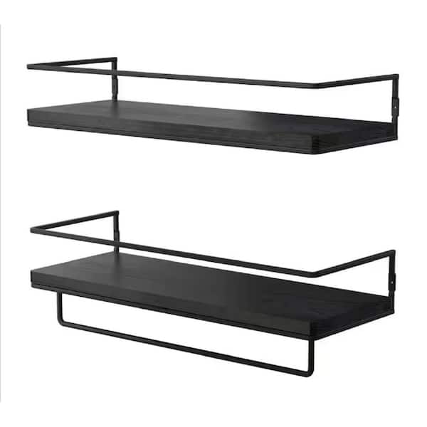 cadeninc 15.7 in. W x 5.7 in. D x 4 in. H Black Wood Rectangular Wall Mounted Floating Shelf with Towel Rack