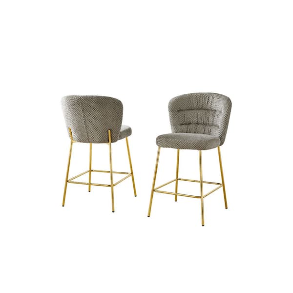 Danisha Grey Fluffy Fabric Counter Height Stool (Set of 2) with Gold Chrome Plated Legs