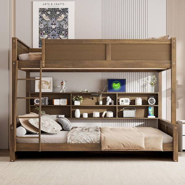 Wood Full XL Over Queen Bunk Bed with Storage Cabinets and USB Ports