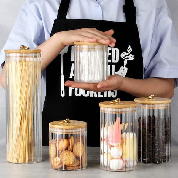 5-Piece Glass Storage Jars Decorative Coffee Bar Container with Airtight Bamboo Lid Metal Ring for Home Kitchen