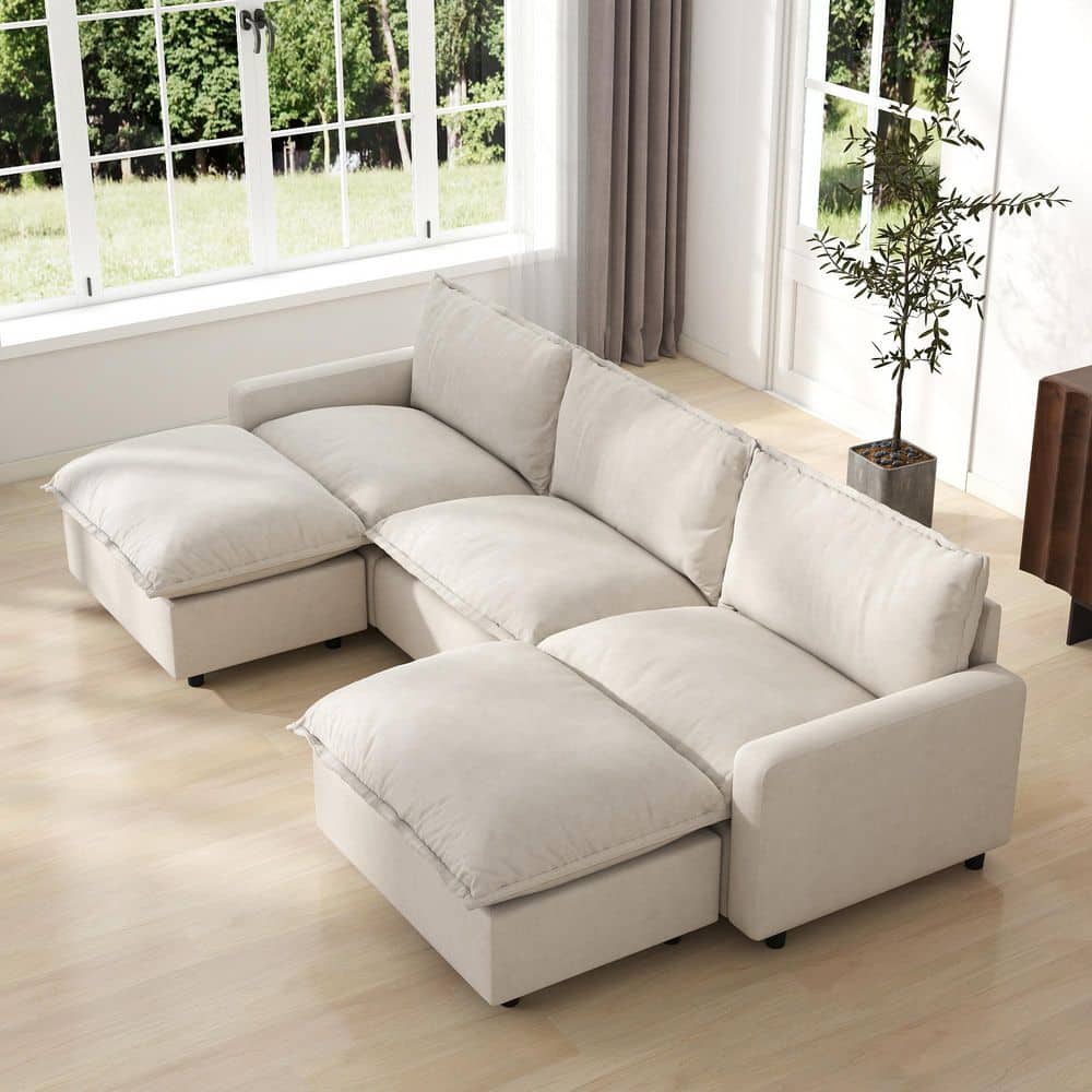 116 in. Square Arm 5-piece Linen Modular Free Combination sofa Sectional Sofa with Ottoman in Beige For Living Room