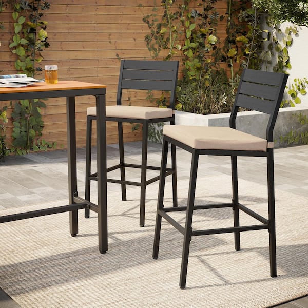 Metal Outdoor Bar Stools in Beige with Cushion (2-Pack)