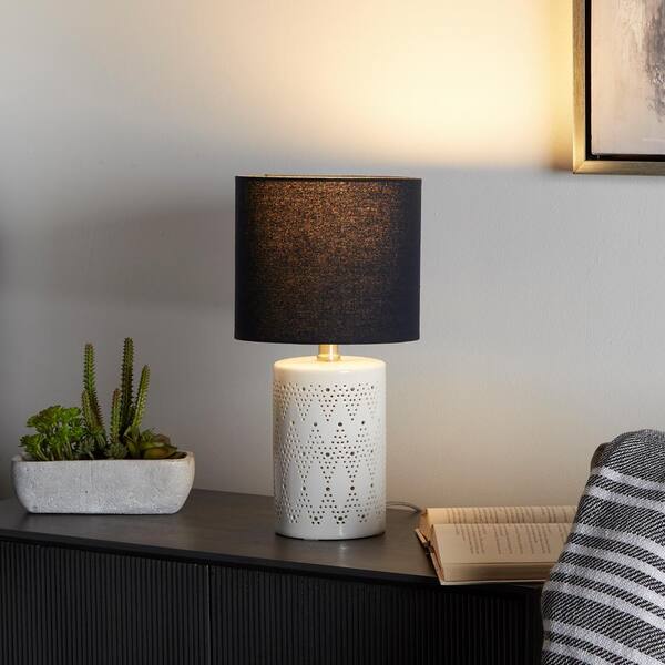 Decor Therapy Cement Table Lamp Light Gray Finish Drum Cotton Shade Plug In New 