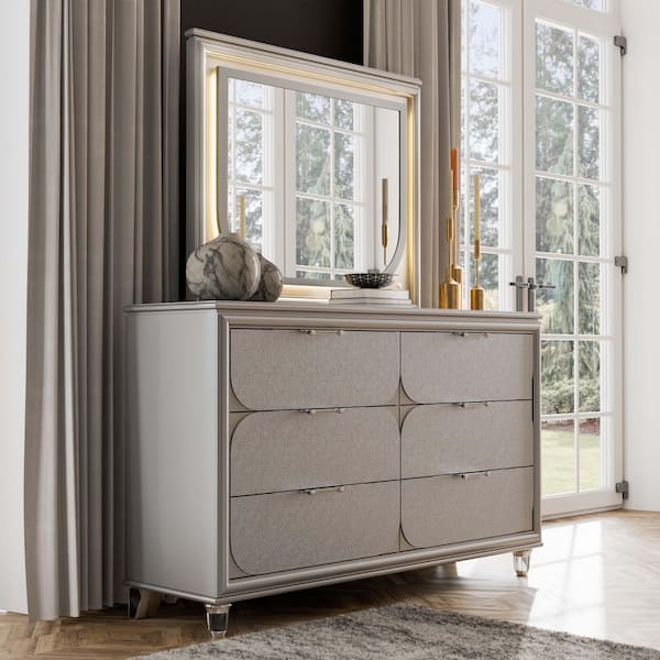Renta Silver 6-Drawer 63.5 in. Dresser with Mirror and Embossed Panels