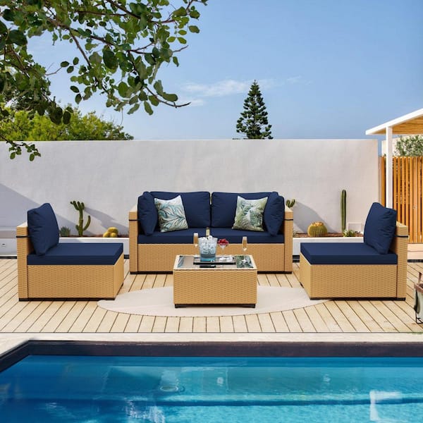 PATIOGUARDER 5-Piece Beige Wicker Patio Conversation Set with Navy Blue Cushions and Coffee Table