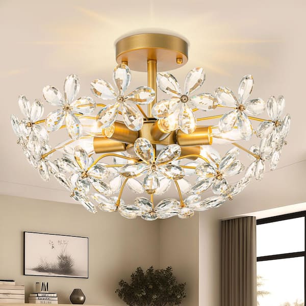 「Light Mellow Moonlight」 GoYeel 17.72 In. 6 Lights Gold Modern Crystal Flower Semi-Flush