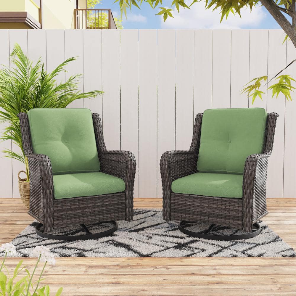 Green Cushioned Wicker Outdoor Swivel Rocking Accent Chair Set
