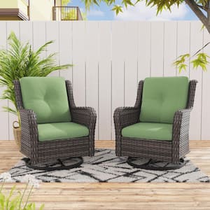 Wicker Outdoor Rocking Chair Patio Swivel with Green Cushions (2-Pack)