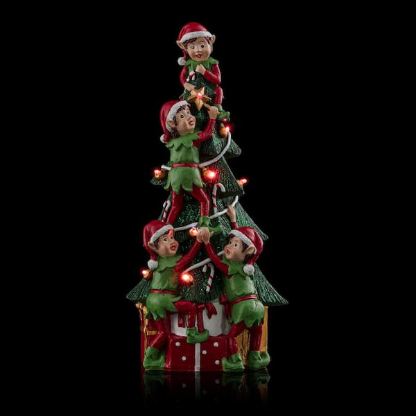 Alpine Corporation 12 in. Tall Christmas Tree and Stacked Elves Statue with Color Changing LED Lights