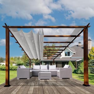 Florence 11 ft. x 11 ft. Wood Grain Aluminum Pergola in Chilean Ipe and Gray Convertible Canopy