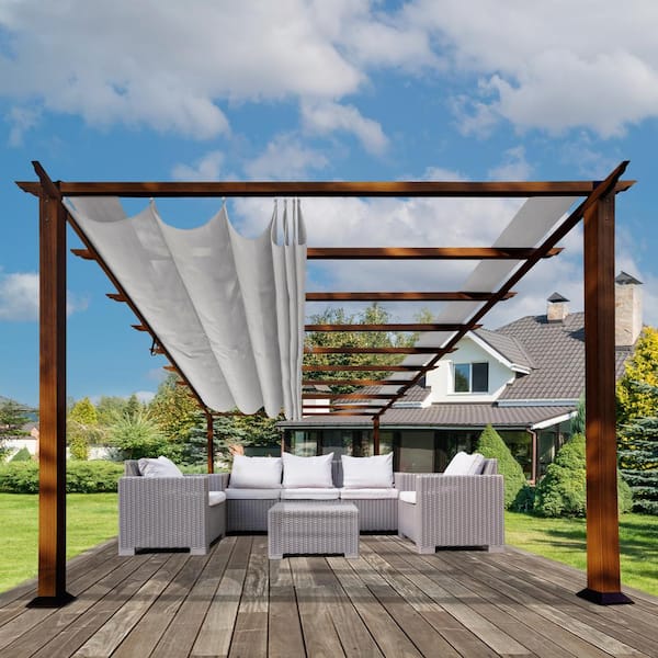 Paragon Outdoor Florence 11 ft. x 11 ft. Wood Grain Aluminum Pergola in Chilean Ipe and Gray Convertible Canopy