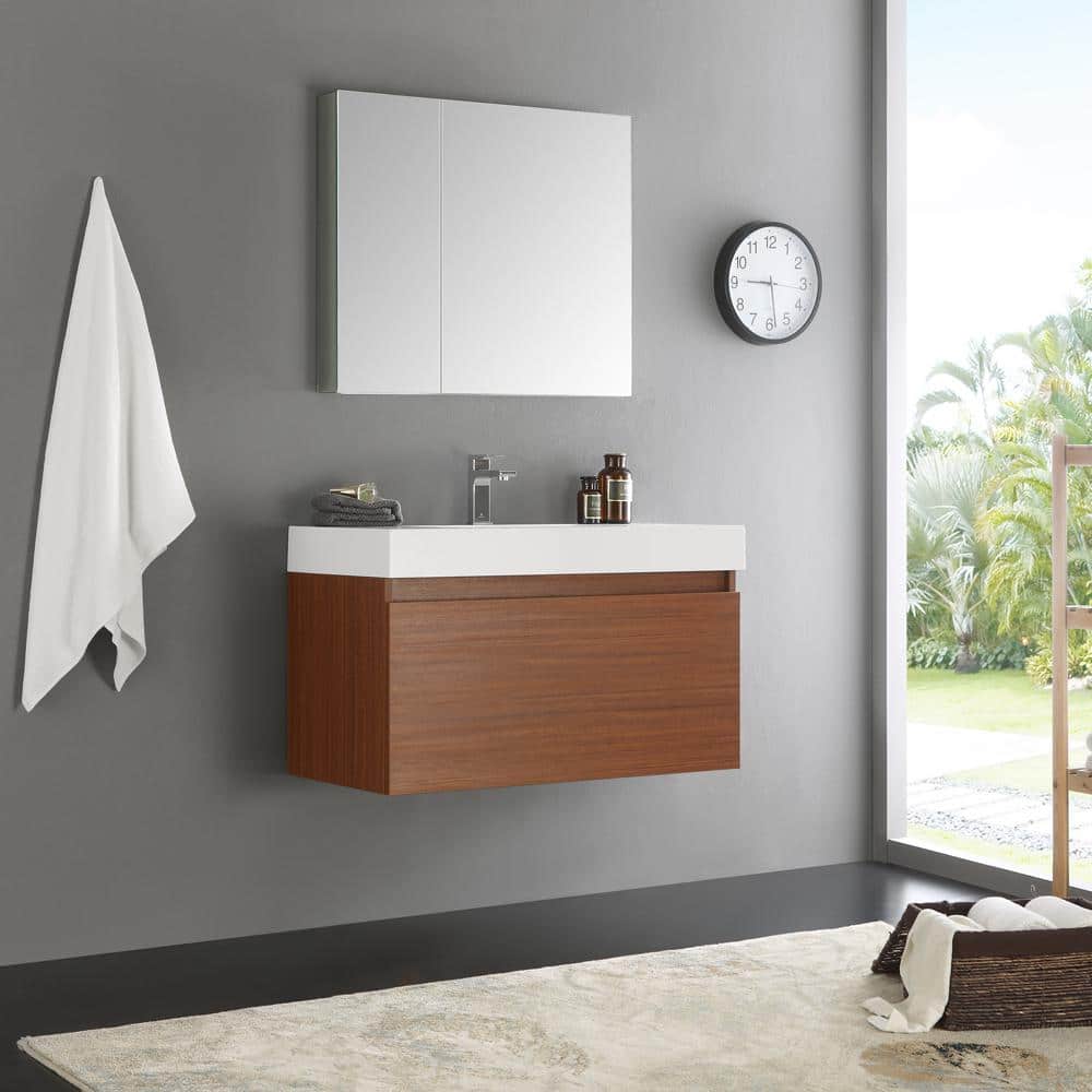 Teak Wall Mounted Vanity Set with Medicine Cabinet