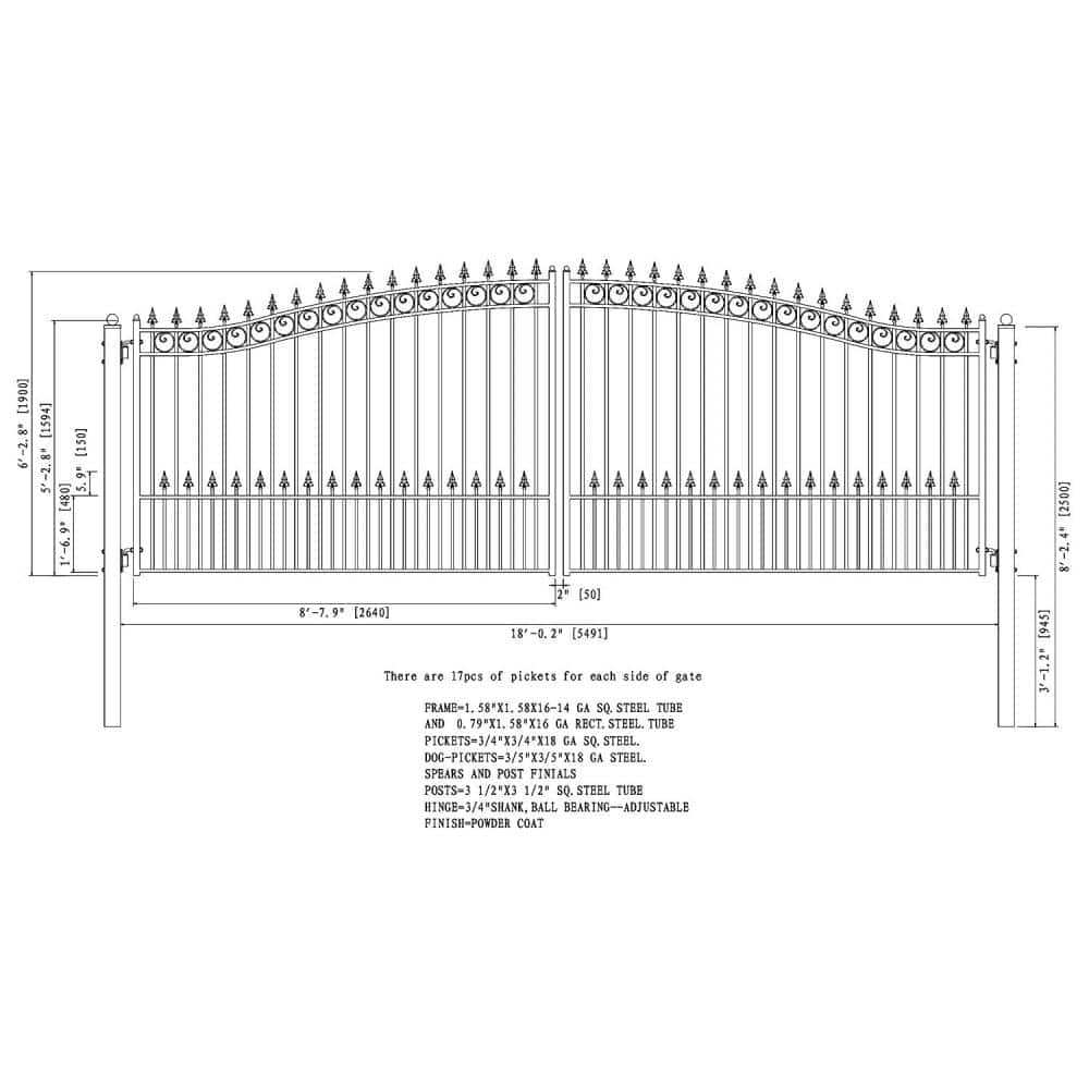 Prague Style Black Steel Dual Swing Driveway Gate with Pedestrian Gate