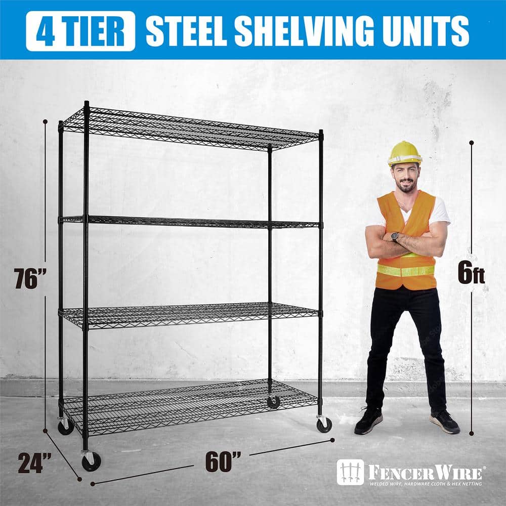 Black 60" Heavy Duty Adjustable Wire Shelving with Wheels