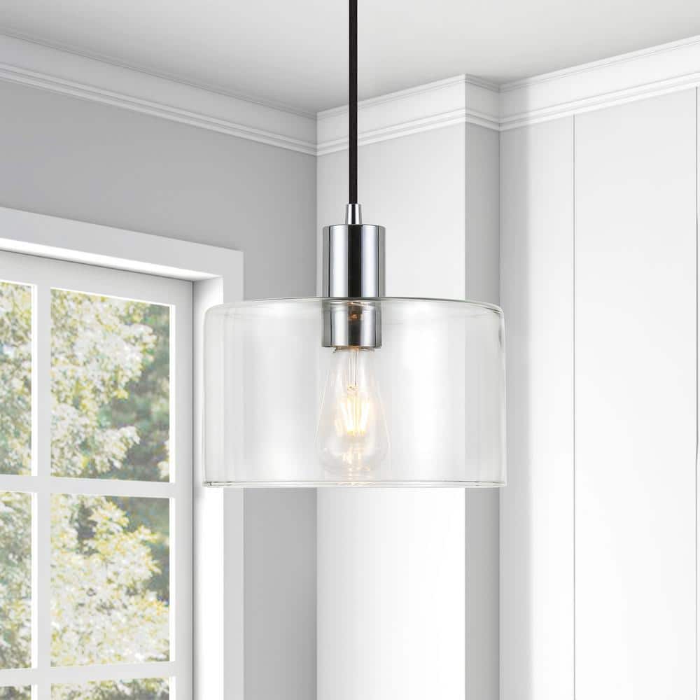 Contemporary Polished Nickel Drum Pendant with Hand-Blown Glass Shade