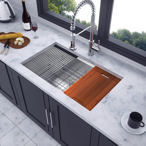 30 in. L x 19 in. W Undermount Single Bowl 16-Gauge Stainless Steel Kitchen Sink in Brushed Nickel