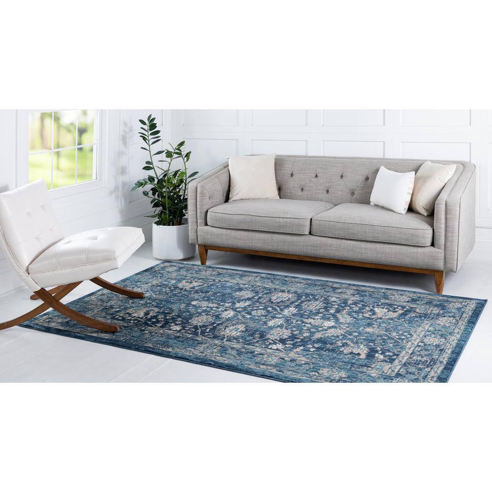 Navy Blue and Beige 6' x 9' Synthetic Stain-Resistant Area Rug