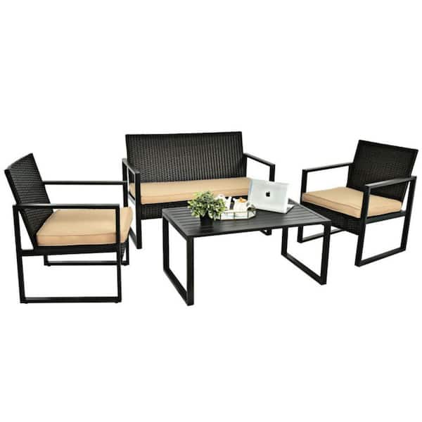 Alpulon 4-Piece Outdoor Patio Rattan Conversation Set with Brown Cushions and Coffee Table