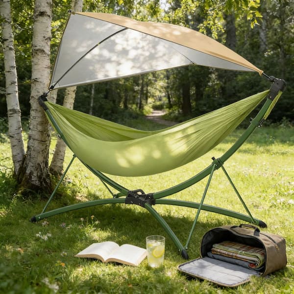 9.19 ft. Portable Outdoor Green Hammock with Quick-Fold Stand