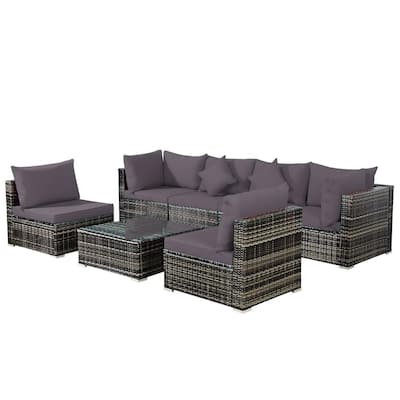 7-Pieces Rattan Patio Furniture Set Sectional Sofa Garden Gray Cushion