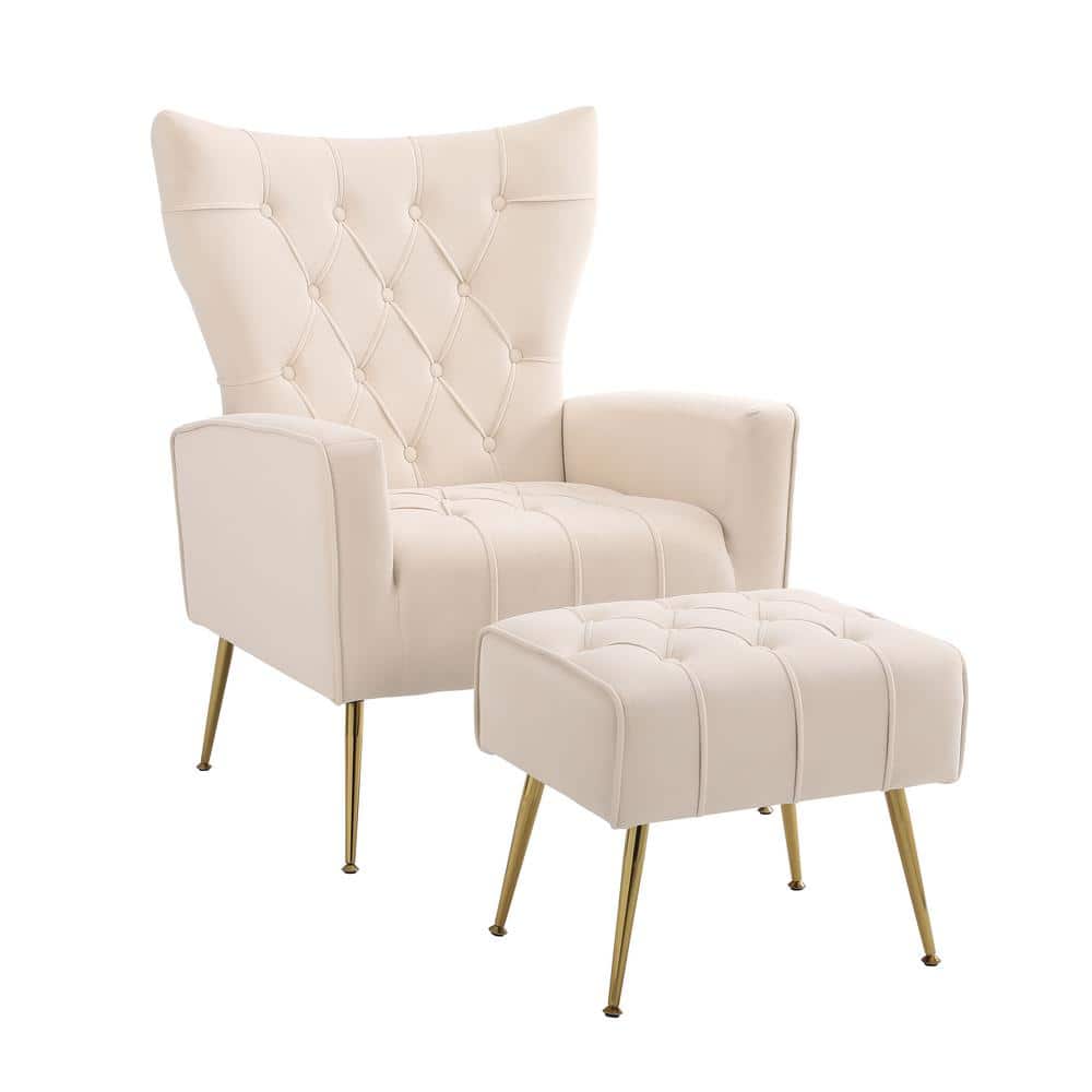 Beige Velvet Accent Chair with Ottoman Modern Upholstered Modern Single Sof