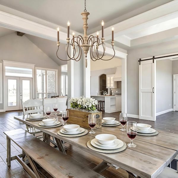 6-Light Aged Iron/Brown Candlestick Wood Chandelier French Country Farmhouse Antique Wood Hanging Light for Dining Room