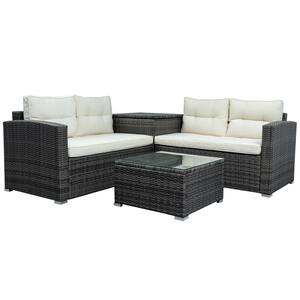 4-Piece Patio Furniture Set All Weather Rattan Wicker Outdoor Conversation Set w/Sofa,Storage Box, Table, Beige Cushion