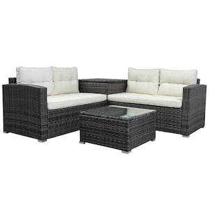 Gray 4-Piece Wicker Patio Sectional Seating Set with Beige Cushions and Large Storage Box