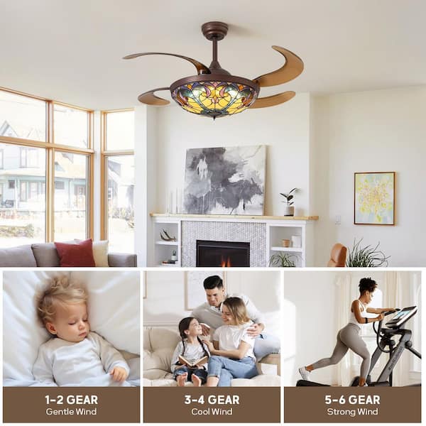 48 in. Smart Indoor Tiffany Colorful Glass Invisible Chandelier Ceiling Fan with Dimmable Led with Remote Included