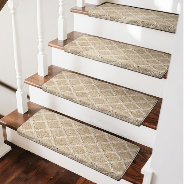 PURE ERA Bullnose Cream Gray Diamond Trellis 9.5 in. x 30 in. x 1.2 in. Polypropylene Carpet Stair Tread Cover Rug Mat Set of 12