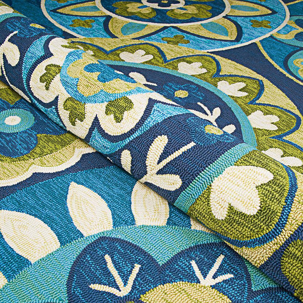Ocean Blue and Green Floral Synthetic Rectangular Rug, 2' x 4'