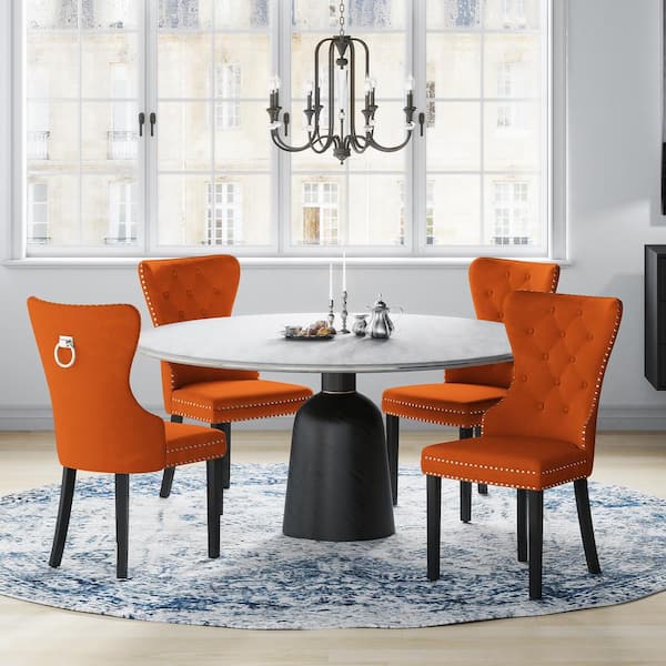 Polytrends Grandview Tufted Wingback Dining Chair Set of 4 with Nailhead and Ring Pulls Orange