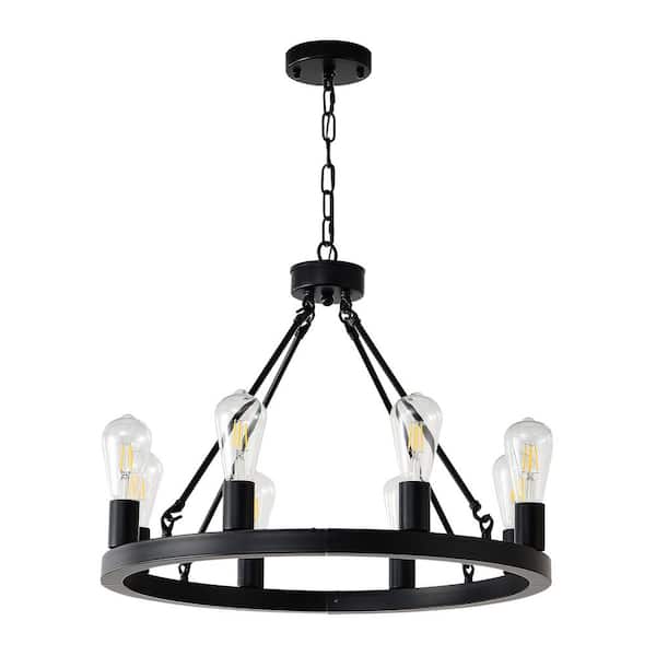 Unbranded 8-Light (Bulbs Not Included) Matte Black Wagon Wheel Chandelier, Farmhouse Ceiling Light for Foyer Hallway Entryway