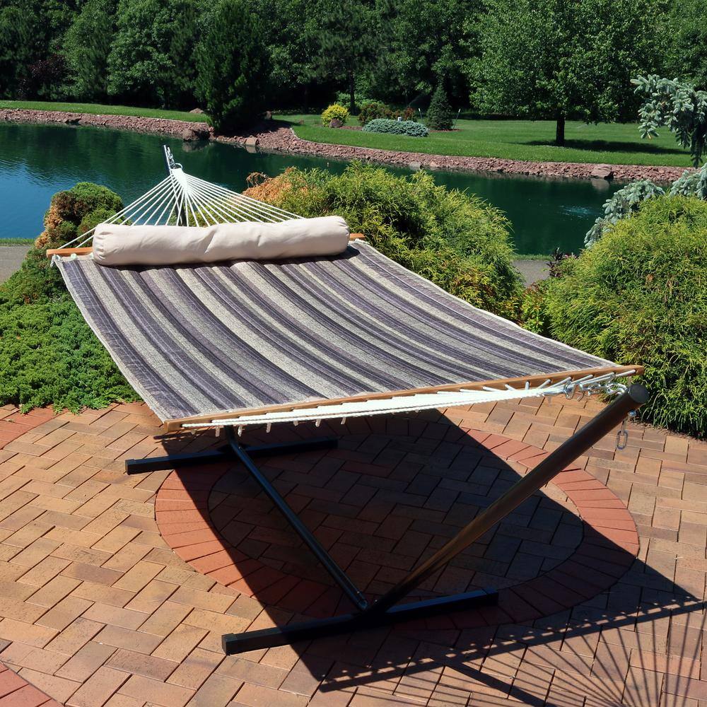 Gray and Beige Quilted 2-Person Hammock with Steel Stand
