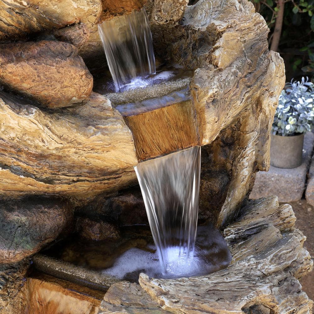 Alpine 5-Tier Waterfall Trunk Fountain with LED Lights, 47" Tall