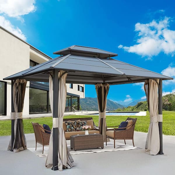 EROMMY 10 ft. x 12 ft. Outdoor Double Roof Hardtop Gazebo Canopy Aluminum Furniture Pergolas