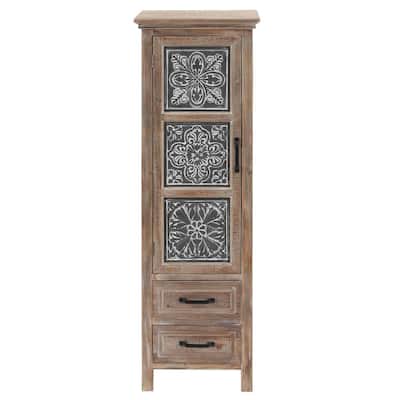 Rustic Wood Floral Tall Accent Cabinet with Black Metal Inserts