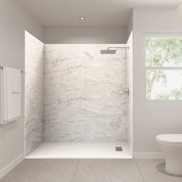 CASTICO 72 in. L x 36 in. W x 84 in. H Solid Composite Stone Alcove Shower Kit w/ Sierra Light Walls & L/R White Sand Shower Pan