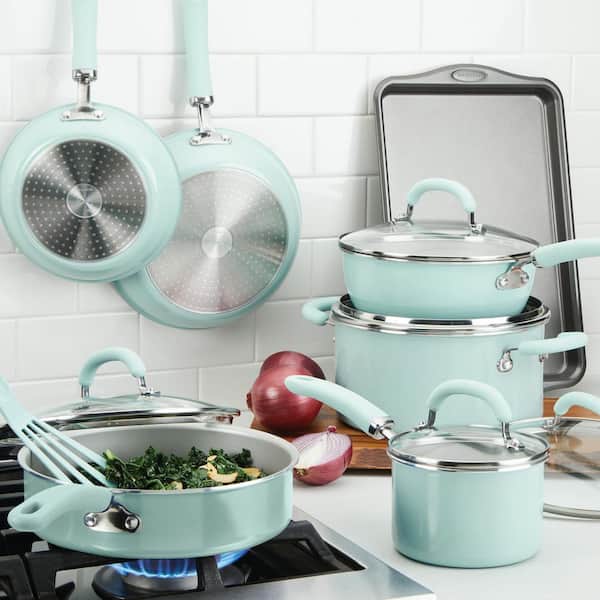 Create Delicious 13-Piece Aluminum Nonstick Cookware Set in Light Blue Shimmer