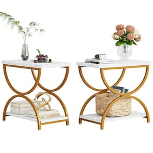 Kerlin 23 in. 2PCS White&Gold Rectangular Wood End Side Accent Table Sofa Side Table with 2-Tier and Metal Frame