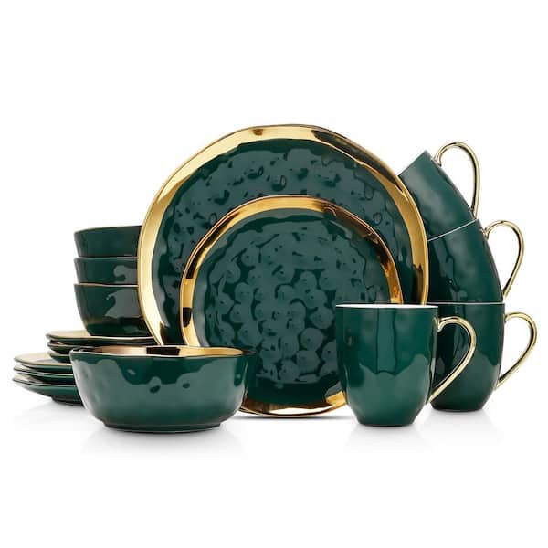 Green With Gold Inlay Quality Plates Full Set Luxury Steak Food Tray  Ceramic Dinner Dish Salad Bowl Spoon Porcelain Dinnerware