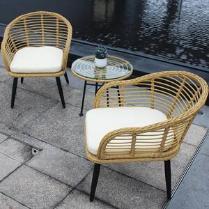 3-Piece Wicker Patio Conversation Set with Beige Cushion and Tempered Glass Table Top