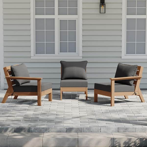 Birchwood Teak Arrangeable Outdoor Patio 3-Piece Deep Seating HDPE Sofa Arm Chair Set w/ Gray Cushions