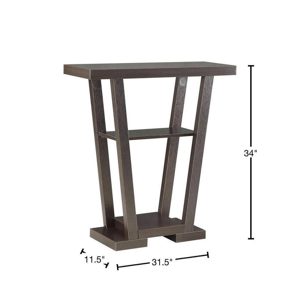 Espresso Wood V-Shape Console Table with Storage Shelves
