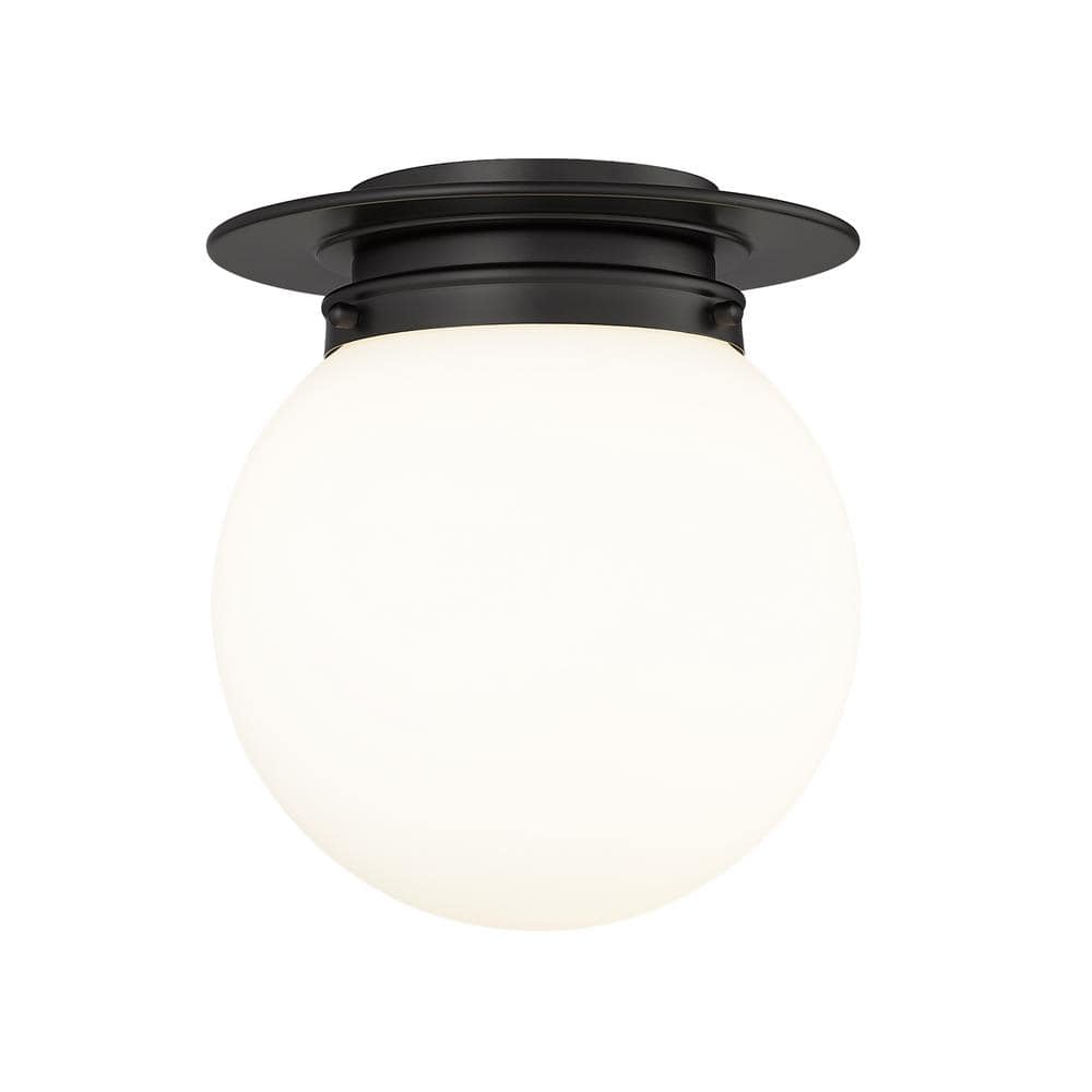 Calhoun 9 in. 1-Light Matte Black Modern Farmhouse Flush Mount with White O