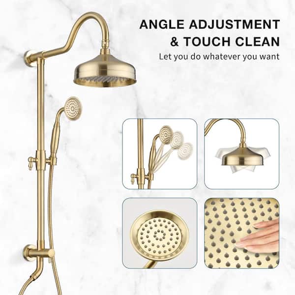 2-spray 8 in. Dual Shower Head and Handheld Shower Head Wall Mount Shower Set 2.5 GPM in Brushed Gold