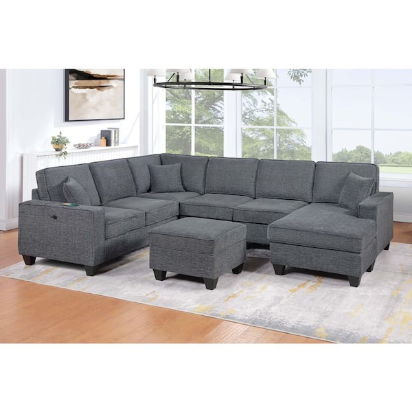 Zoe 116 in. Chenille L Shaped Sectional Sofa in Grey with USB Port, Ottoman