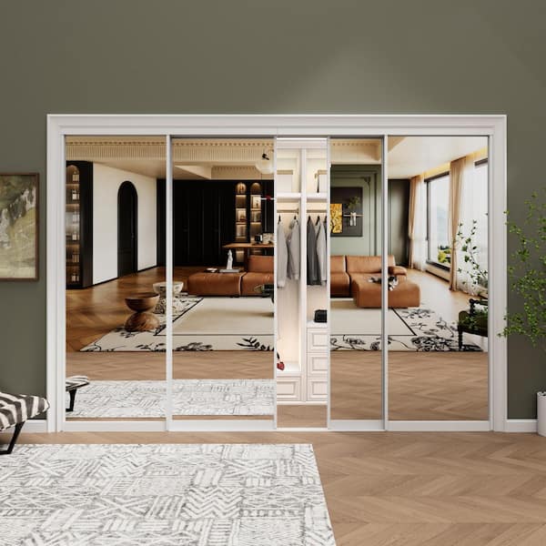 96 in. x 80 in. 1-Lite White Mirrored Glass and Aluminum Frame Finished Closet Sliding Door with Hardware Kit