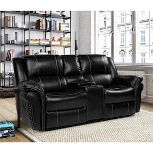 Loveseat 76.77 in Black Faux Leather 2 Seat Loveseat with Reclining, Cup Holder and Storage